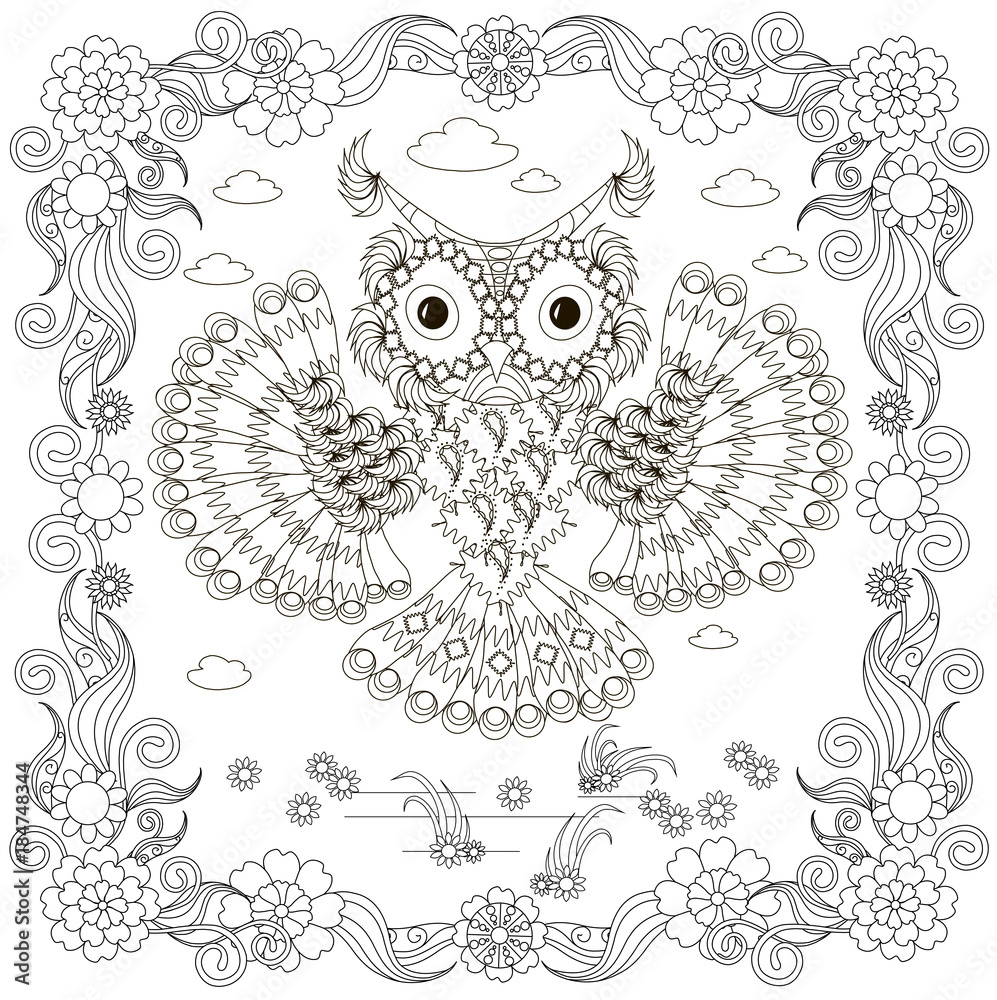 Naklejka premium Anti stress abstract owl, square flowering frame hand drawn monochrome vector illustration