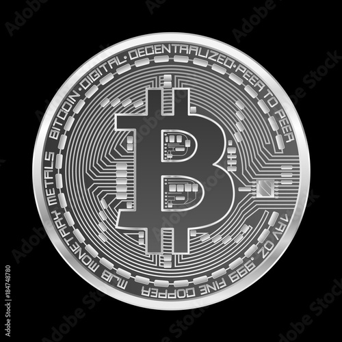 Crypto currency silver coin with silver bitcoin symbol on obverse isolated on black background. Vector illustration. Use for logos, print products, page and web decor or other design.