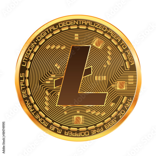 Crypto currency golden coin with gold litecoin symbol on obverse isolated on white background. Vector illustration. Use for logos, print products, page and web decor or other design. photo