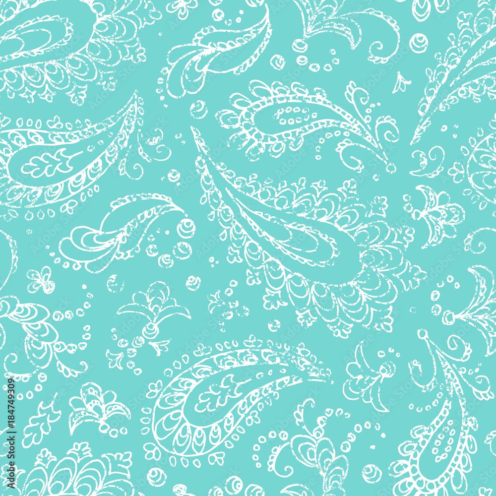 Ornament paisley, seamless vintage pattern. Grunge texture. Print turkish cucumber.