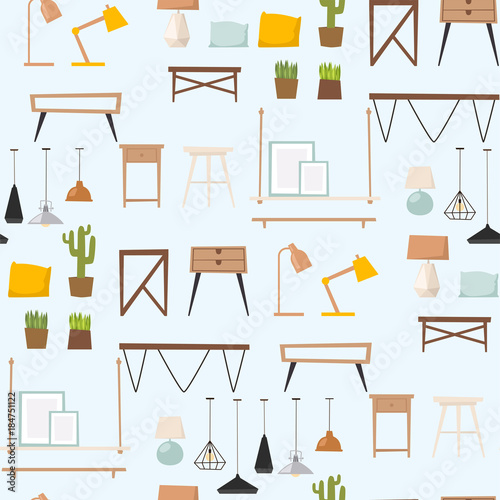 Furniture room interior design apartment home decor concept flat contemporary architecture indoor seamless pattern background vector illustration.