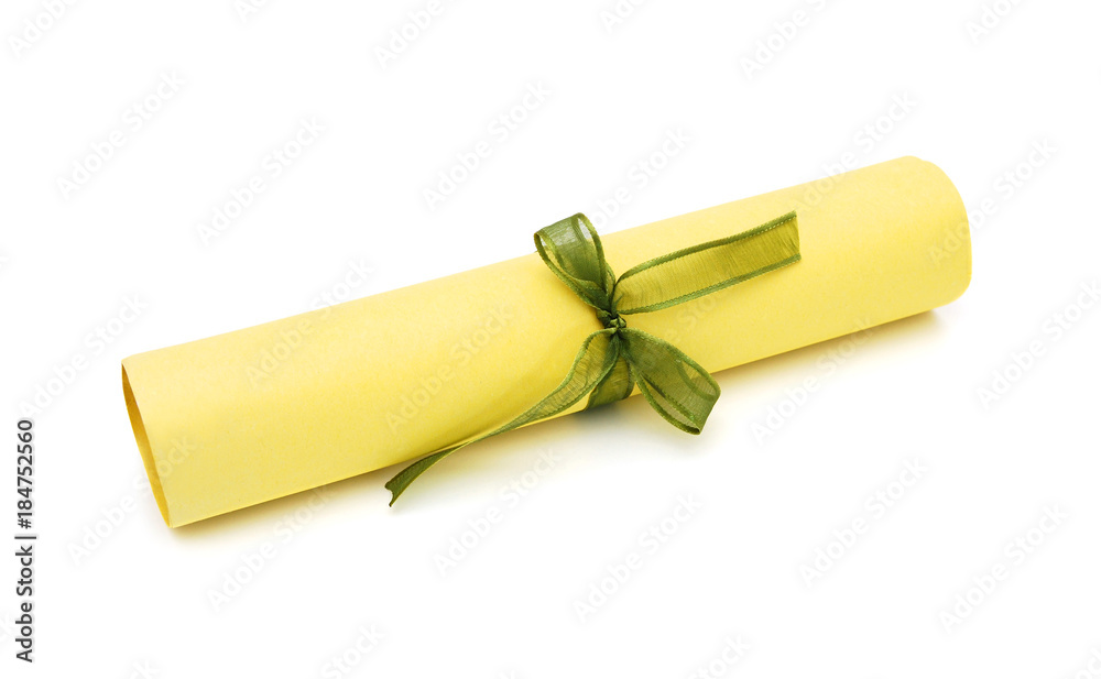 Graduation diploma scroll tied with green ribbon isolated on white ...