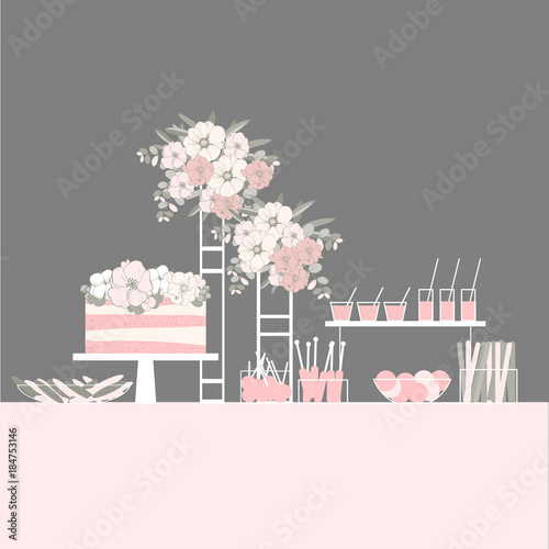 Wedding candy bar with cake and flowers. Dessert table. Vector illustration.