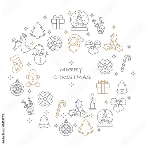 Thin line Merry Christmas icons set. Simple vector illustration elements. Candles gift boxes christmas tree wreath stocking candy cane bells holly decoration Merry Christmas, Santa Claus