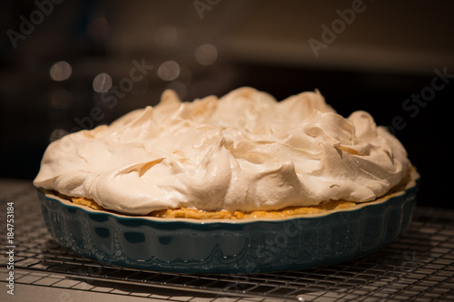 Lemon Meringue Pie in a blue dish
