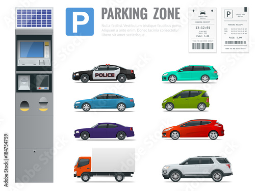 Set of realistic modern terminal for paying for car parking, parking receipt and cars view from side.