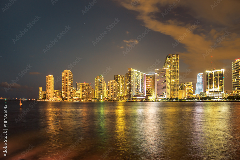 Beautiful Miami Florida night skyline across Biscayne Bay
