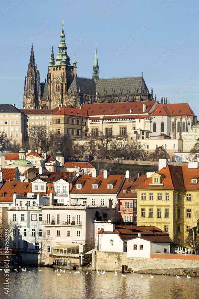 View on the winter Prague gothic Castle above River Vltava, Czech Republic