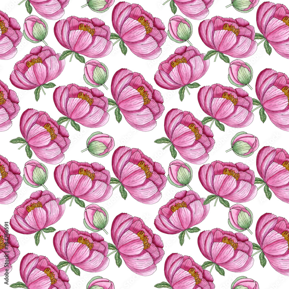 Watercolor pink peony seamless pattern