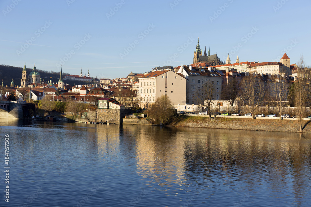 View on the winter Prague gothic Castle above River Vltava, Czech Republic