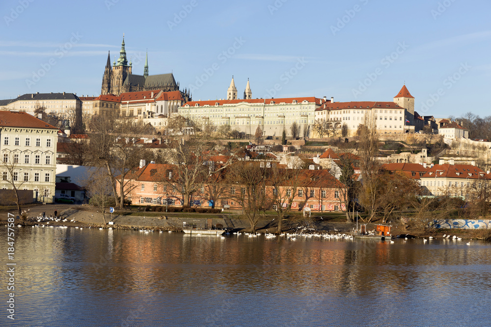 View on the winter Prague gothic Castle above River Vltava, Czech Republic