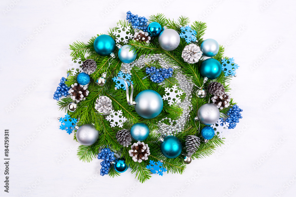 Christmas wreath with pale blue and turquoise baubles, silver beads Christmas wreath with pale blue and turquoise baubles, silver beads