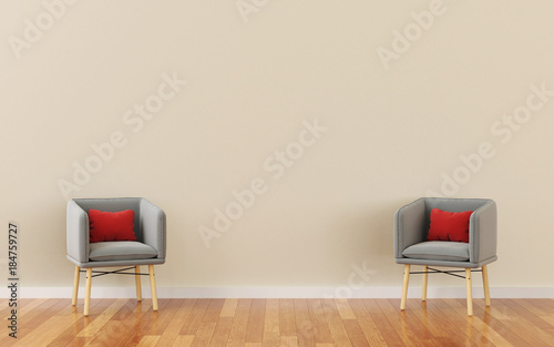 Fototapeta Naklejka Na Ścianę i Meble -  Gray armchair with a pillow in a living room. minimal style concept.