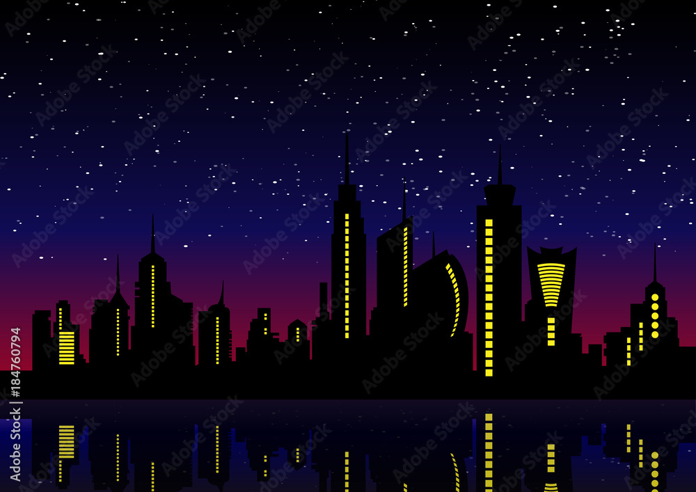 Night City Skyline. Cityscape Background, Beautiful night sky with stars  over city buildings vector illustration Stock Vector | Adobe Stock