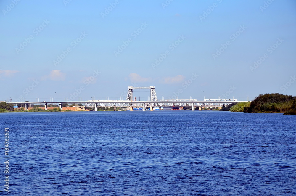 Astrakhan, Russia. Road and railway bridges across the Volga river