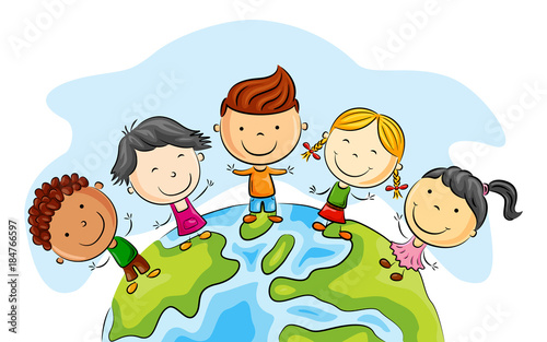Happy kid cartoon standing around the world