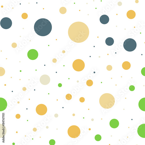 Colorful polka dots seamless pattern on white 13 background. Ideal classic colorful polka dots textile pattern. Seamless scattered confetti fall chaotic decor. Abstract vector illustration.