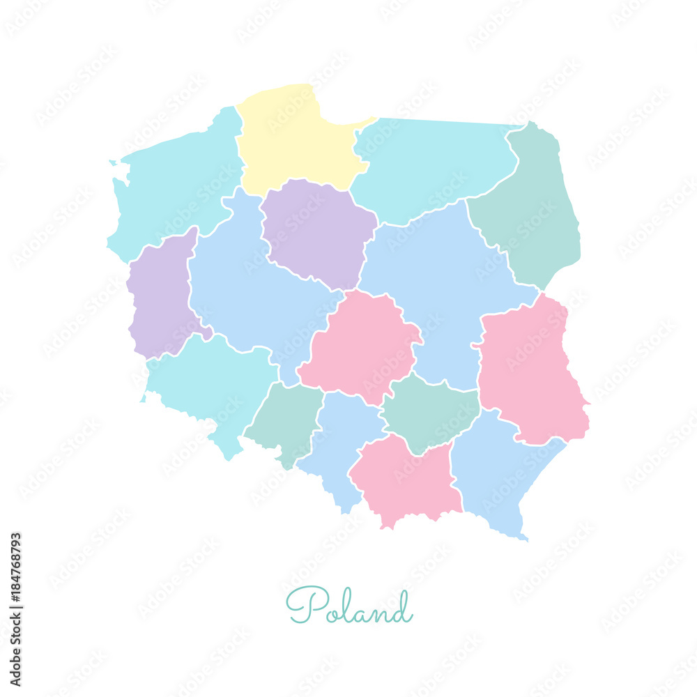 Fototapeta premium Poland region map: colorful with white outline. Detailed map of Poland regions. Vector illustration.