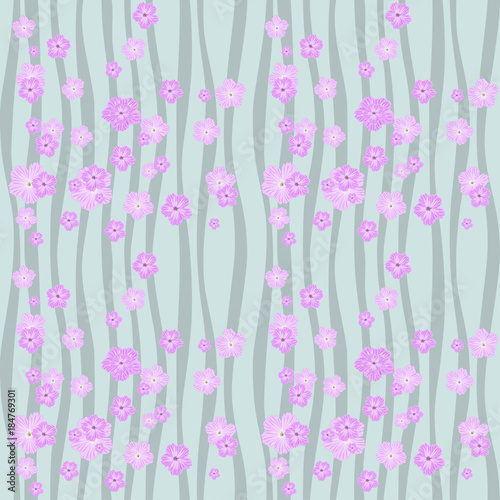 Raster seamless pattern of pink flowers on a background of wavy lines