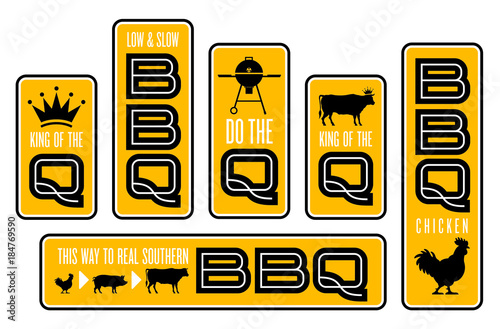 Set of six Barbecue emblems.
Vector Barbecue designs featuring cow, pig, chicken, grill, and crown illustrations.