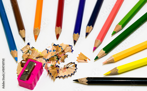 A lots of color pencil and sharpener.on white background