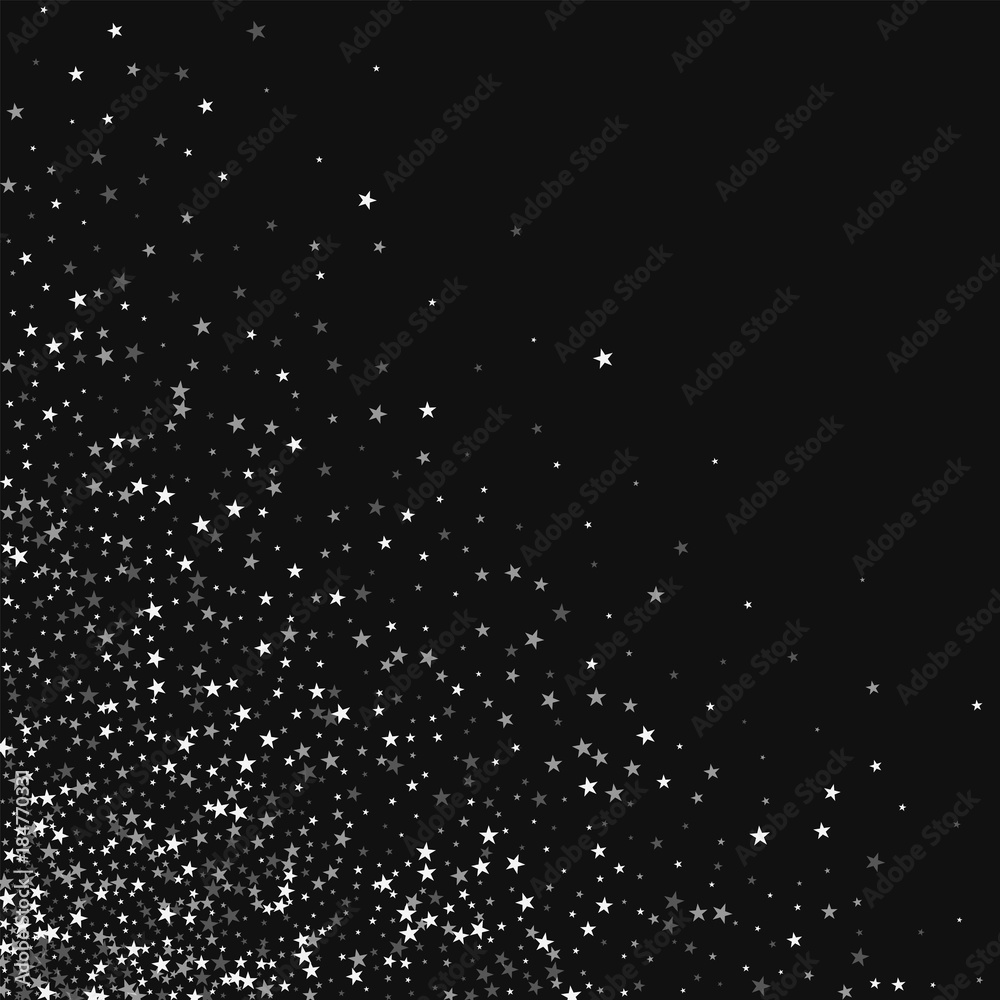 Amazing falling stars. Scattered bottom left corner with amazing falling stars on black background. Radiant Vector illustration.