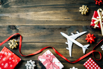 Flat lay of Merry Christmas and Happy new year and any holidy travel concept.  Traveling Christmas and Happy new year greeting card concept background with copy space top view.