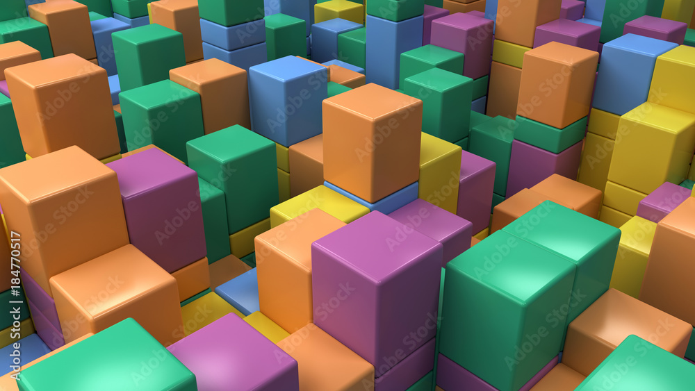 Wall of blue, green, orange and purple cubes Wall of blue, green, orange and purple cubes