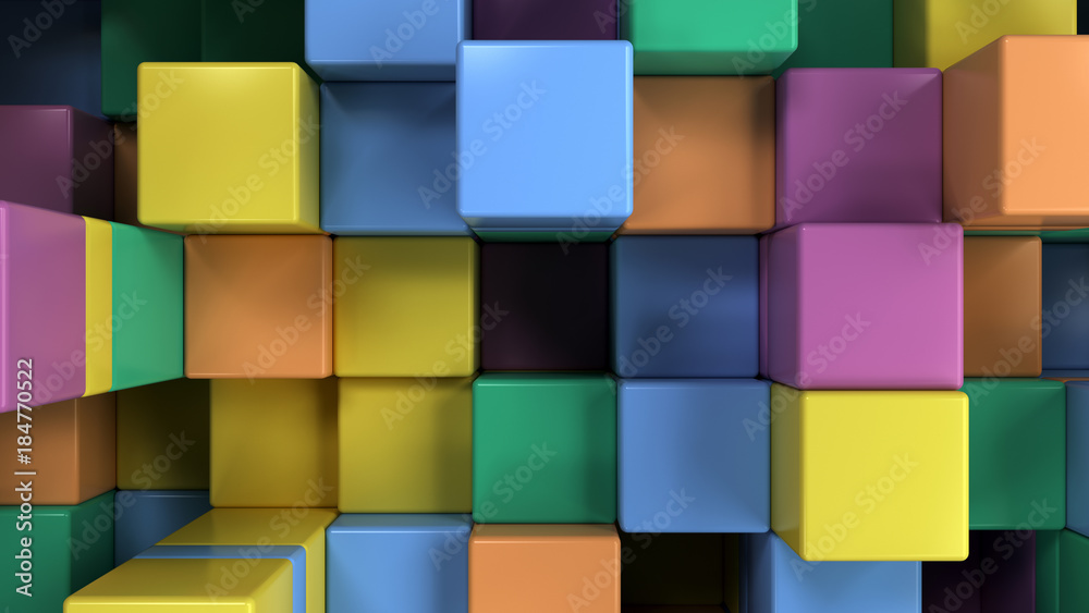 Wall of blue, green, orange and purple cubes Wall of blue, green, orange and purple cubes