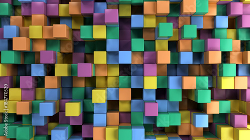 Wall of blue, green, orange and purple cubes