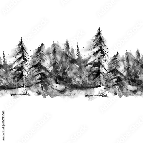 Obraz na płótnie Akwarela liniowy wzór, granica. czarna sylwetka świerk, sosna, cedr, modrzew, las abstrakcyjny, sylwetka drzew. Na białym tle odizolowane ..
