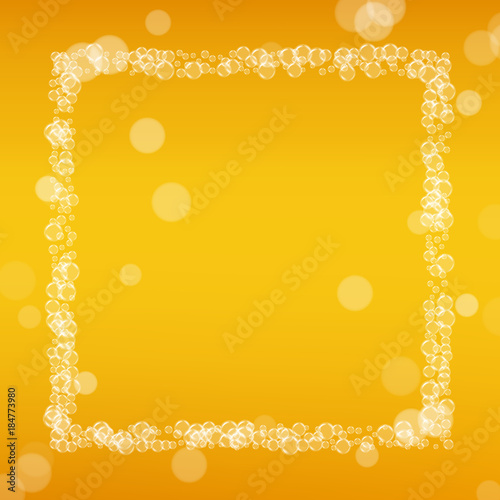 Beer background with realistic bubbles. Cool liquid drink for pub and bar menu design, banners and flyers. Yellow square beer background with white frothy foam. Fresh cup of lager for brewery design.