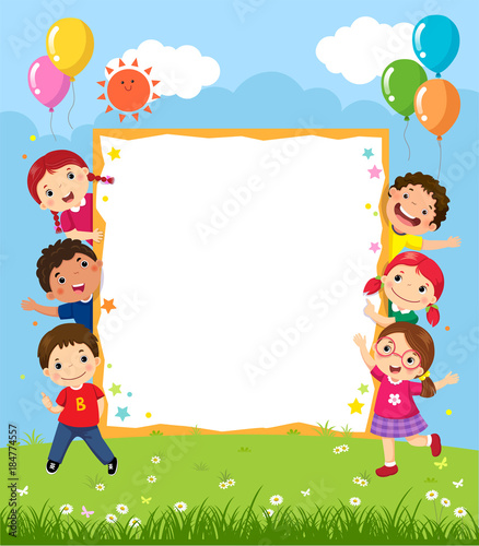 Happy smiling group of kids showing blank board