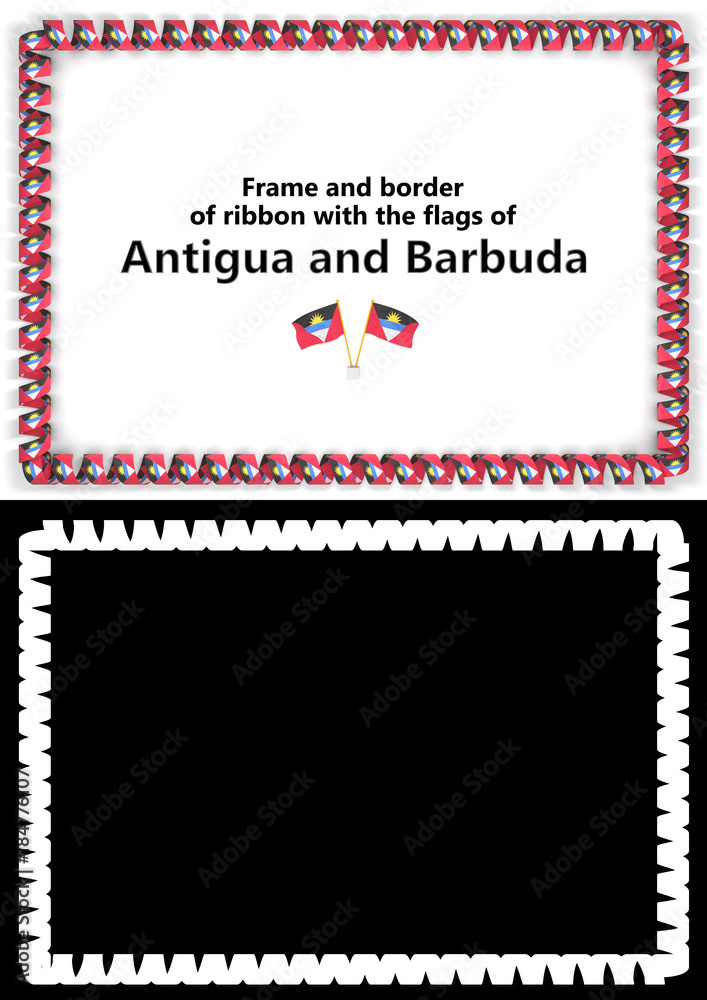 Frame and border of ribbon with the Antigua and Barbuda flag for diplomas, congratulations, certificates. Alpha channel. 3d illustration