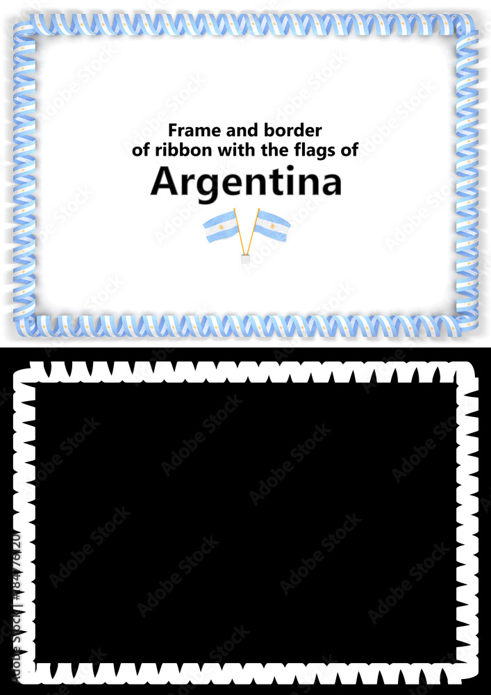 Frame and border of ribbon with the Argentina flag for diplomas, congratulations, certificates. Alpha channel. 3d illustration Frame and border of ribbon with the Argentina flag for diplomas, congratulations, certificates. Alpha channel. 3d illustration