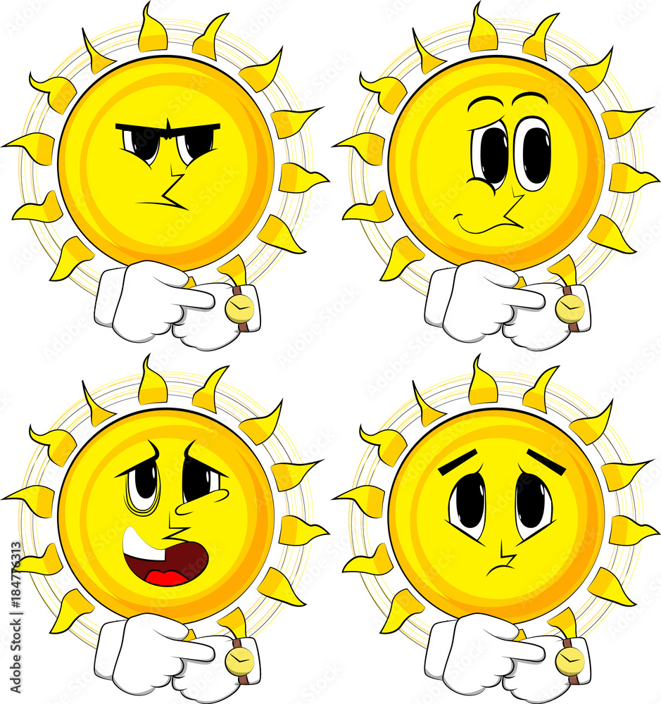 Cartoon sun checking his watch. Collection with sad faces. Expressions vector set.