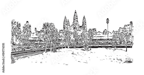Angkor Wat Temple, Cambodia. Hand drawn sketch illustration in vector.