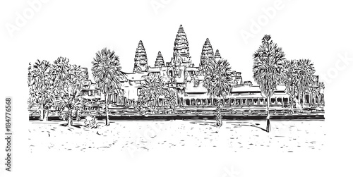Angkor Wat Temple, Cambodia. Hand drawn sketch illustration in vector.
