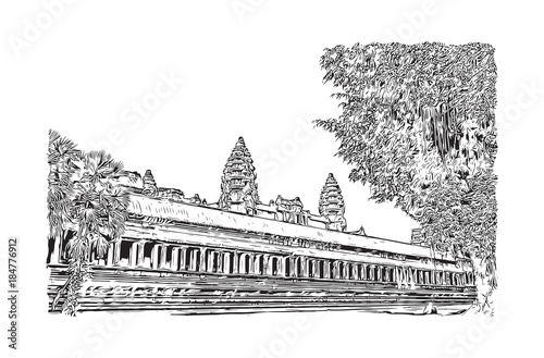 Angkor Wat Temple, Cambodia. Hand drawn sketch illustration in vector.