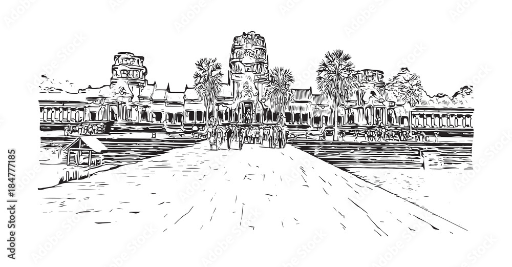 Angkor Wat Temple, Cambodia. Hand drawn sketch illustration in vector