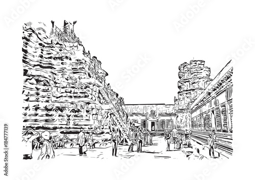 Angkor Wat Temple, Cambodia. Hand drawn sketch illustration in vector.