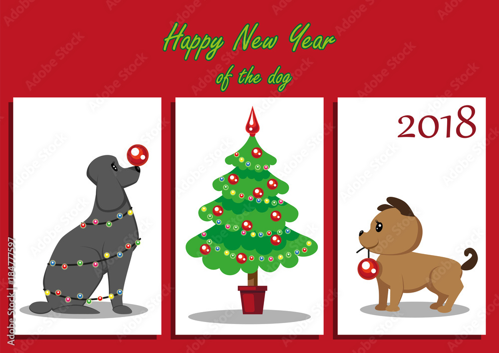 Fototapeta premium Two cute puppies decorate a Christmas tree with red balls. The dog is decorated with a Christmas garland and keeps a ball on its nose. Christmas card, congratulations on the New Year.