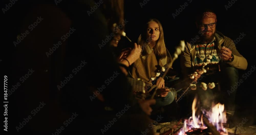Group of hipsters friends, singing, playing the guitar, baking marshmellows on the bonfire and eating them in the night time. Outside Group of hipsters friends, singing, playing the guitar, baking marshmellows on the bonfire and eating them in the night time. Outside