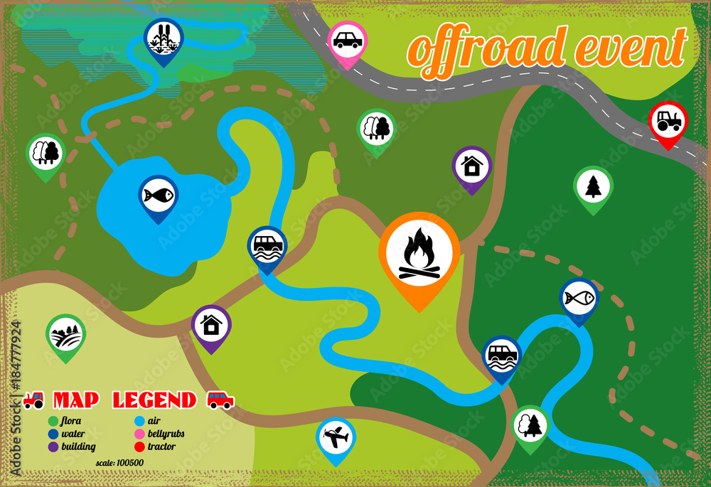 Offroad event and camping map icons set. Vector illustration. Stock ...