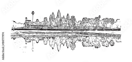 Angkor Wat Temple, Cambodia. Hand drawn sketch illustration in vector.