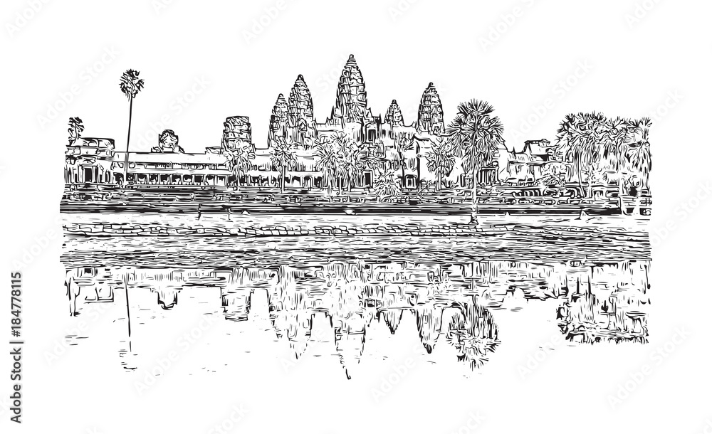 Angkor Wat Temple, Cambodia. Hand drawn sketch illustration in vector ...