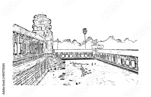 Angkor Wat Temple, Cambodia. Hand drawn sketch illustration in vector.