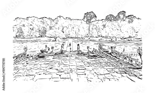 Angkor Wat Temple, Cambodia. Hand drawn sketch illustration in vector.