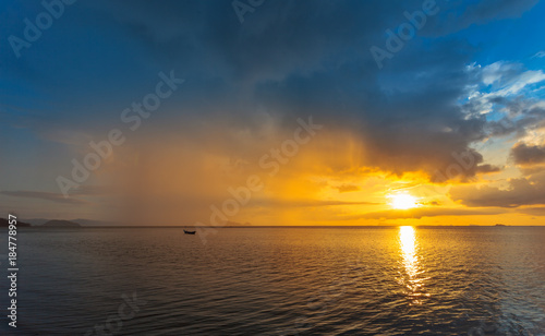 Fisherman boat with sunset scene in koh phangan. Horizontal image.