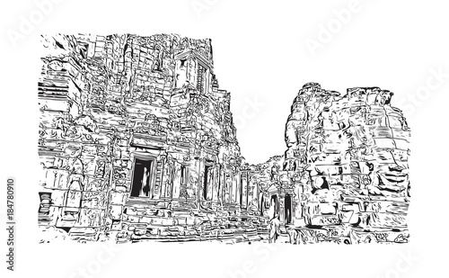 Angkor Wat Temple, Cambodia. Hand drawn sketch illustration in vector.